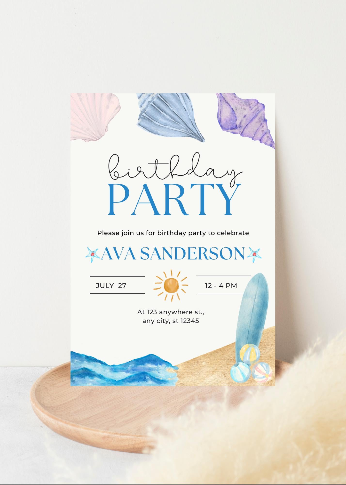Beach Birthday Party Invitation: Sun & Sea Theme (Digital Download, 5x7 inches Canva Template)