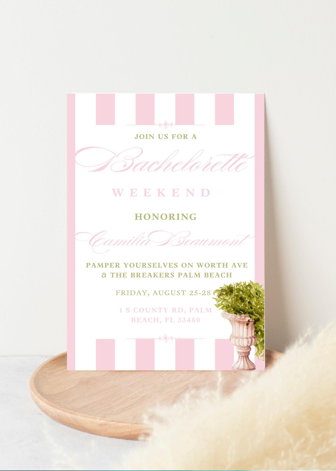 Tropical Pink and White Palm Beach Inspired Bachelorette Invitation, Pink and White Stripes, Coastal Bridal invite, Instant Download