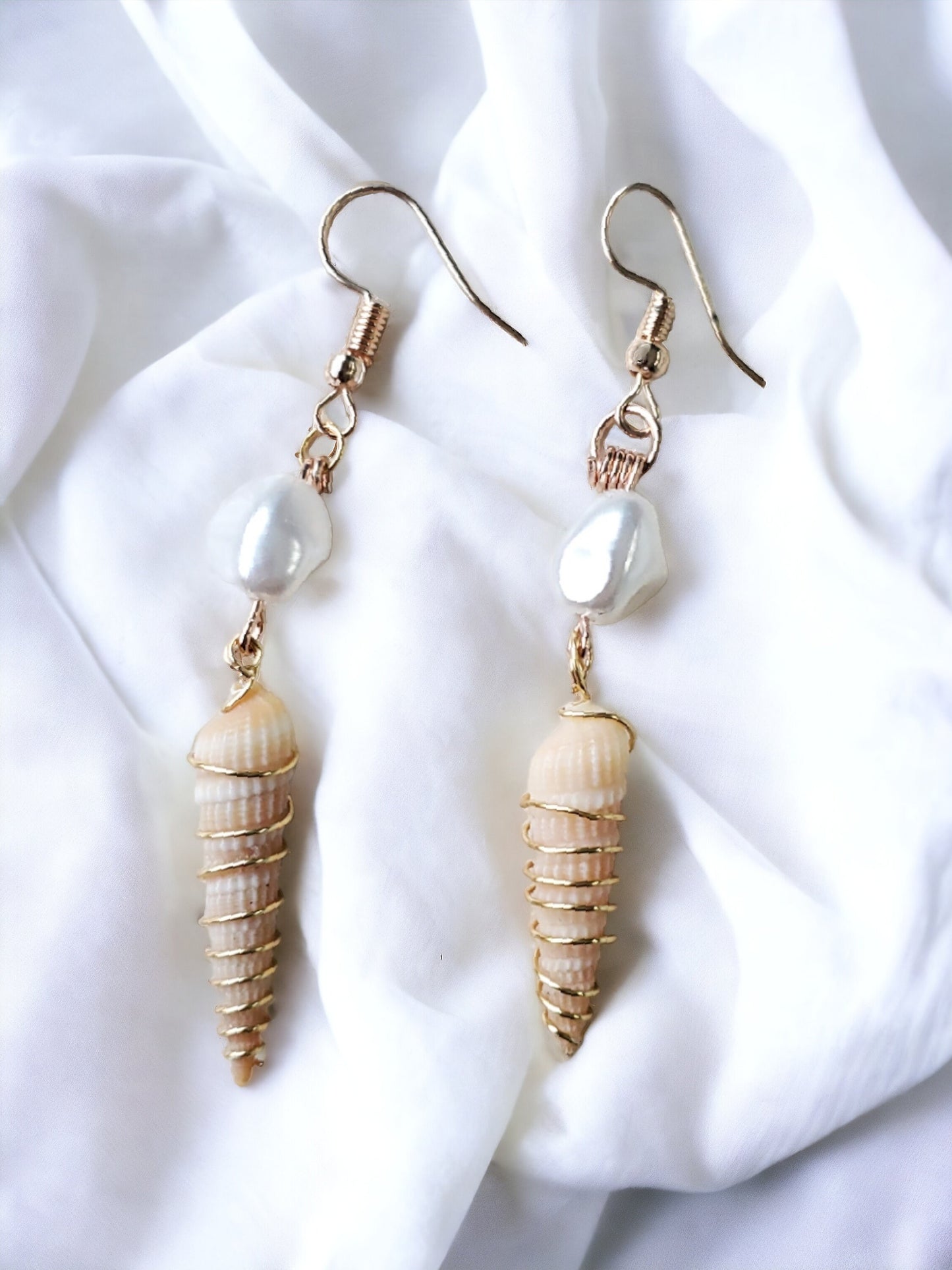 Natural, Handpicked Seashell Earrings with Pearl Accent, Gold Plated