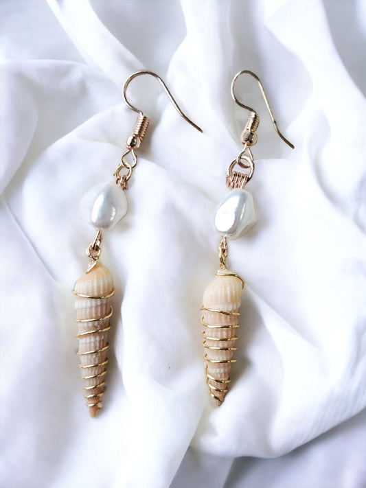 Natural, Handpicked Seashell Earrings with Pearl Accent, Gold Plated