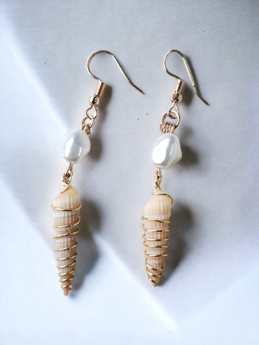Seashell and Pearl wire wrapped earrings