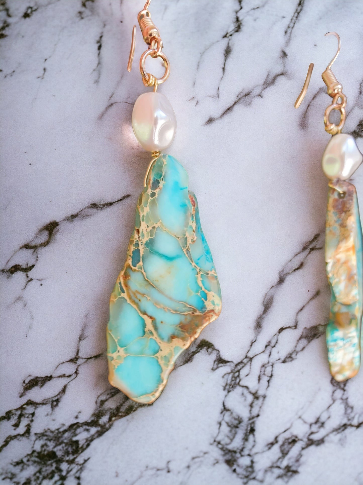 Natural Gemstone Blue Stone and Pearl Drop Earrings with Gold Plated Hardware | Blue Imperial Jasper | Protection and security | Handmade