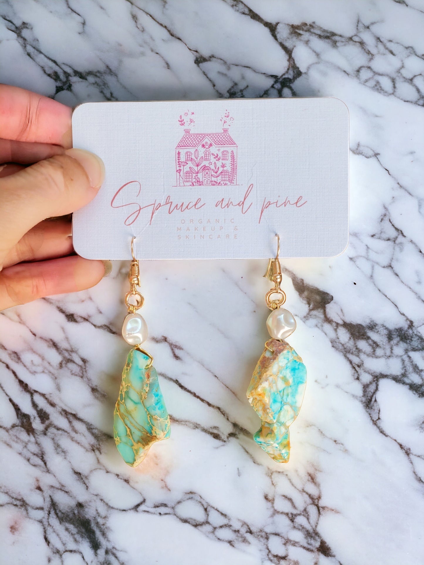 Natural Gemstone Blue Stone and Pearl Drop Earrings with Gold Plated Hardware | Blue Imperial Jasper | Protection and security | Handmade
