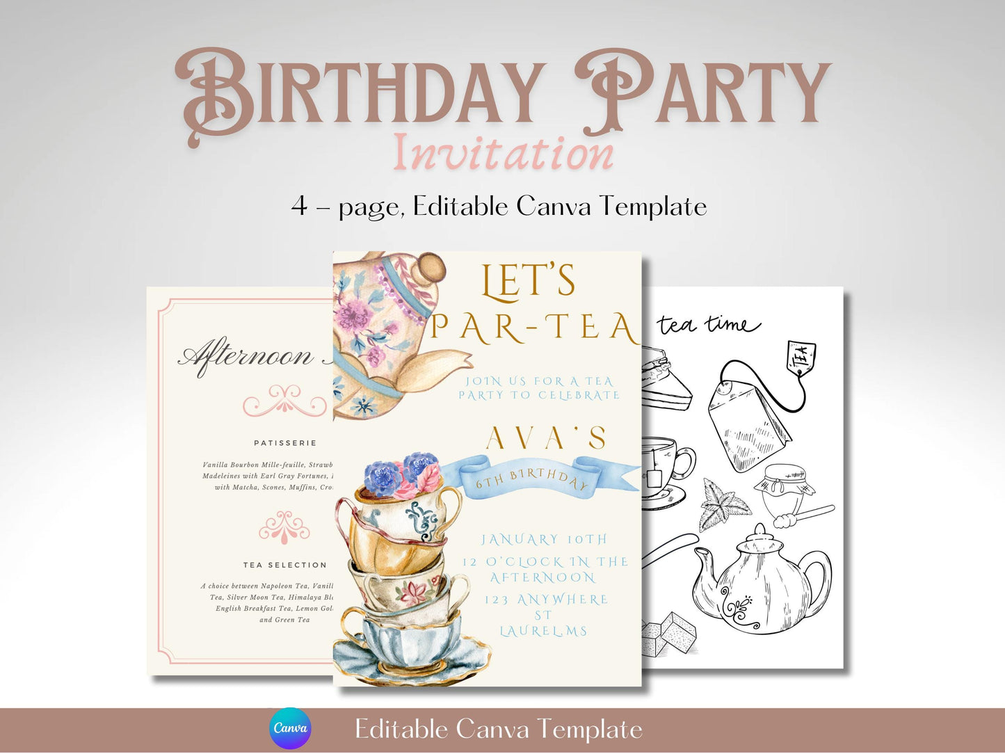 Tea Party Birthday Invitation: Pink & Blue Floral, Editable Canva Template (Digital Download)