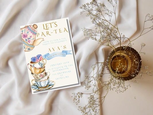 Tea Party Birthday Invitation: Pink & Blue Floral, Editable Canva Template (Digital Download)