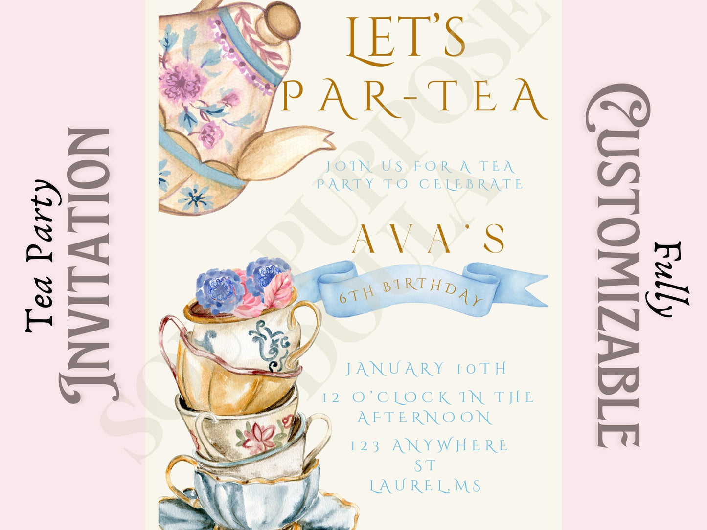 Tea Party Birthday Invitation: Pink & Blue Floral, Editable Canva Template (Digital Download)