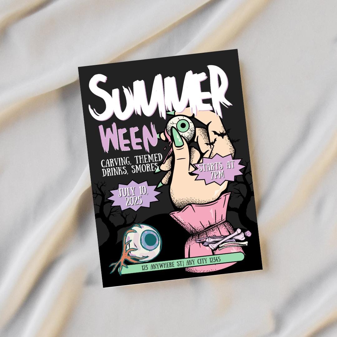 Summerween Party Invitation, Spooky Summer Halloween Invite, Costume Party Digital Download, Editable Canva Template