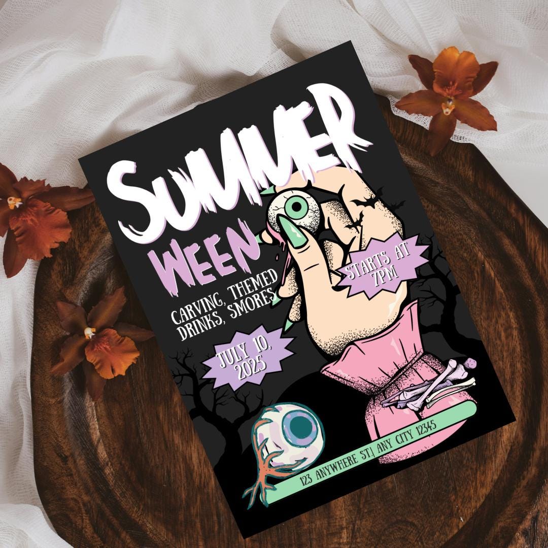 Summerween Party Invitation, Spooky Summer Halloween Invite, Costume Party Digital Download, Editable Canva Template