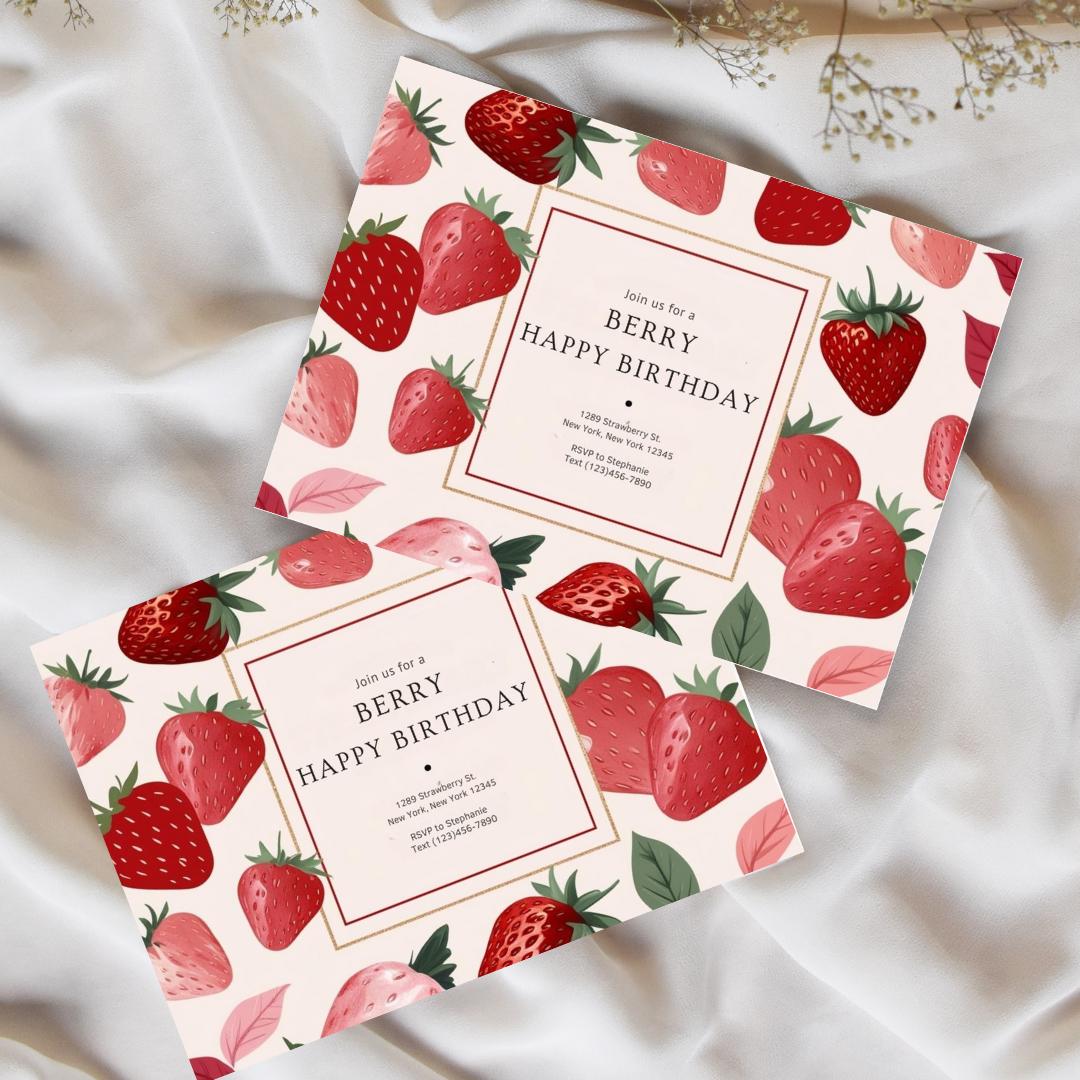 Strawberry Birthday Party Invite: Berry Sweet Theme (Digital File)