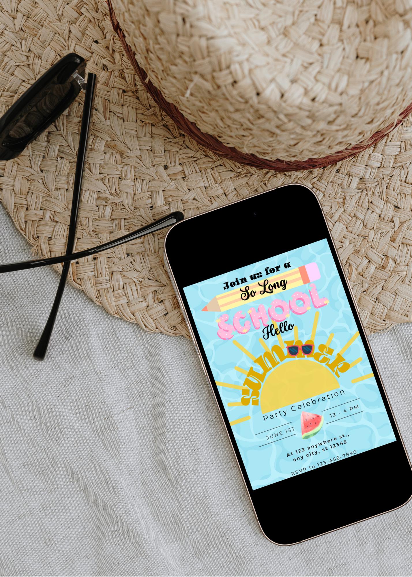 End of School Pool Party Invitation: Hello Summer, EDITABLE 5x7 (Digital Download)