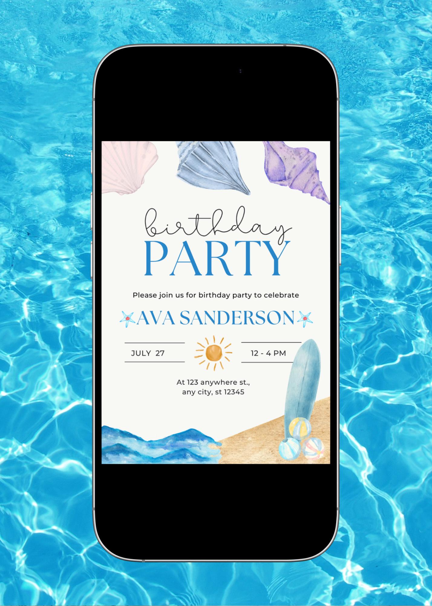 Beach Birthday Party Invitation: Sun & Sea Theme (Digital Download, 5x7 inches Canva Template)