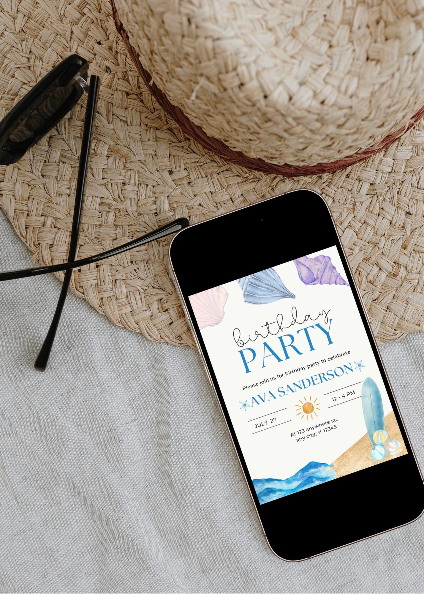 Beach Birthday Party Invitation: Sun & Sea Theme (Digital Download, 5x7 inches Canva Template)