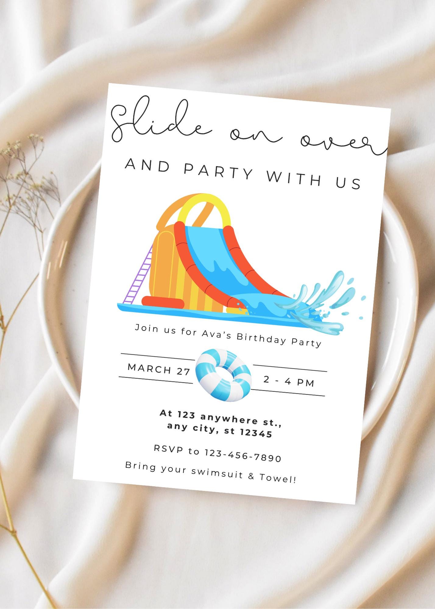 Waterslide Birthday Invitation: Summer Pool Party, Editable Canva Template (Digital Download)