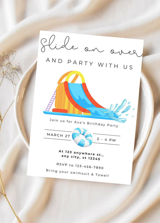 Waterslide Birthday Invitation: Summer Pool Party, Editable Canva Template (Digital Download)