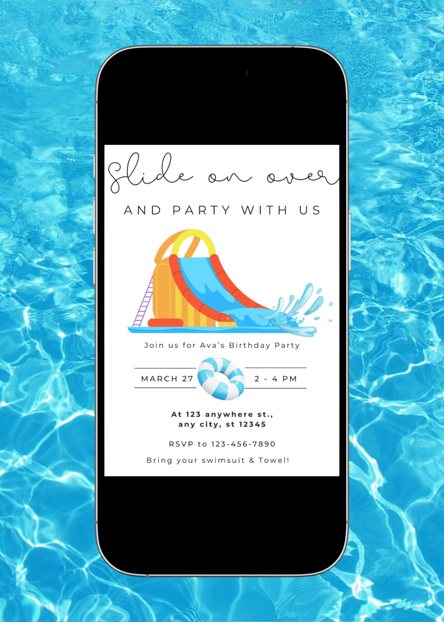 Waterslide Birthday Invitation: Summer Pool Party, Editable Canva Template (Digital Download)