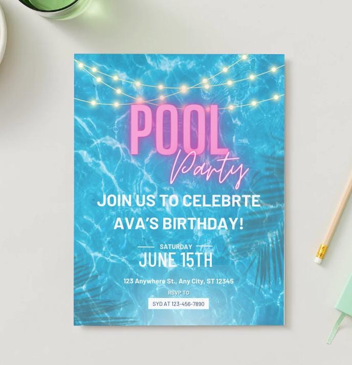 Editable Pool Party Birthday Invitation: Tropical Theme (Digital Download)