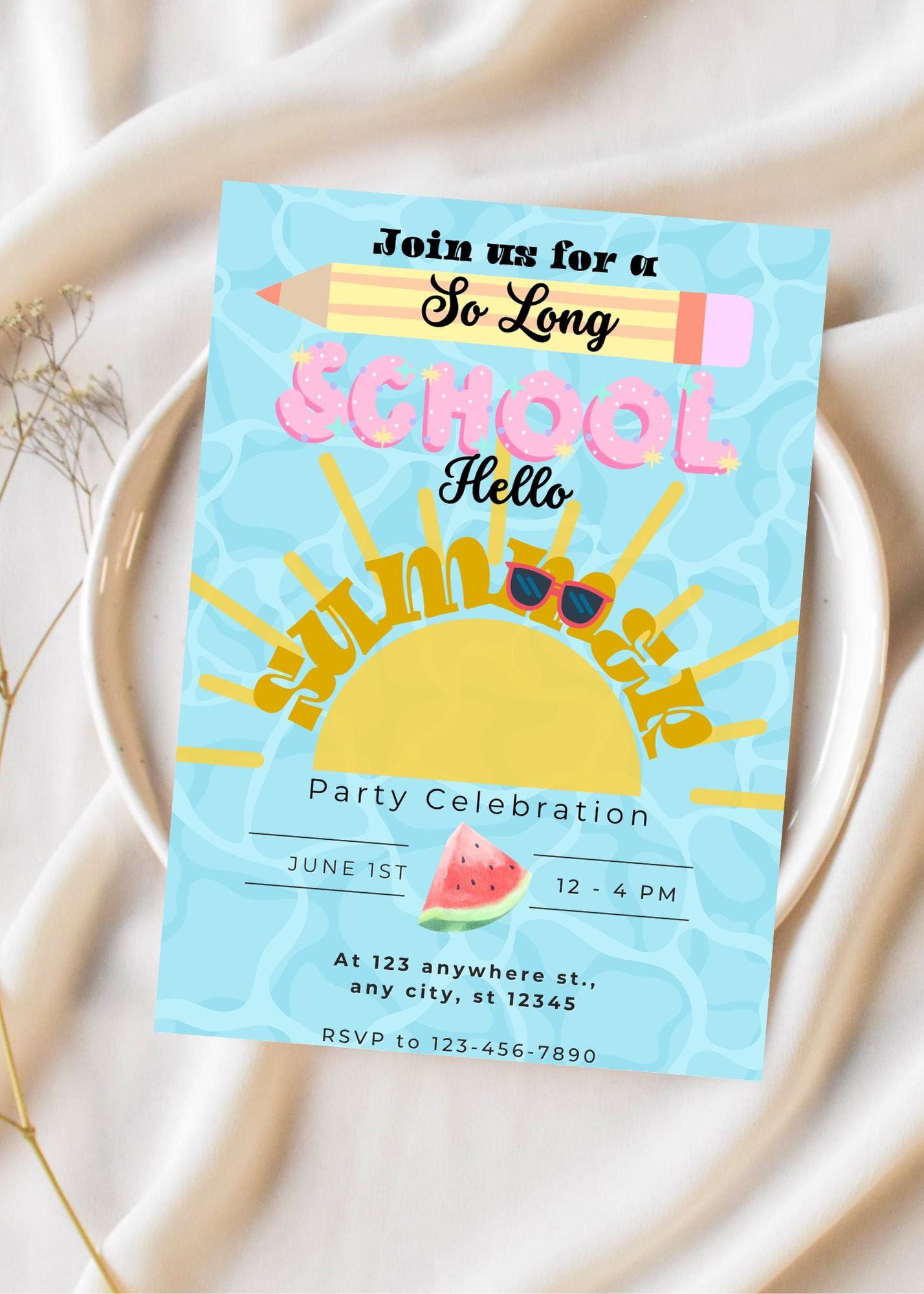 End of School Pool Party Invitation: Hello Summer, EDITABLE 5x7 (Digital Download)
