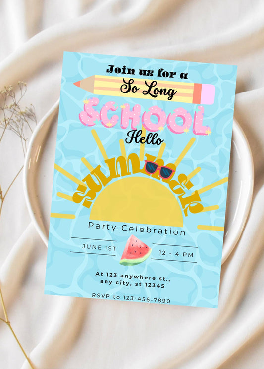 End of School Pool Party Invitation: Hello Summer, EDITABLE 5x7 (Digital Download)