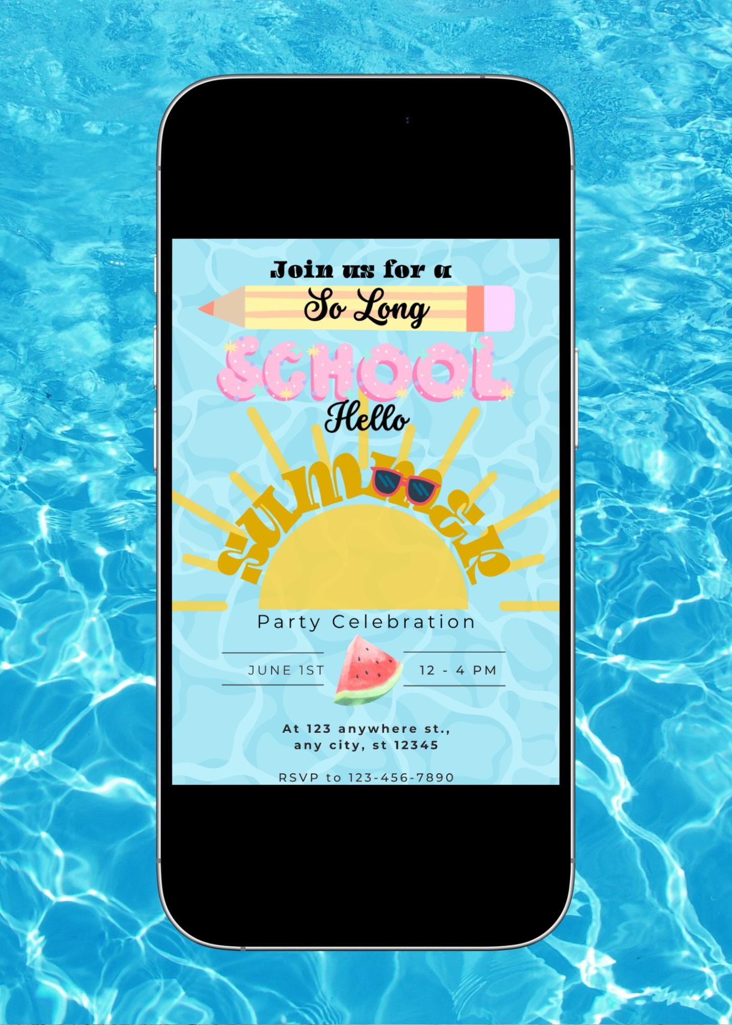 End of School Pool Party Invitation: Hello Summer, EDITABLE 5x7 (Digital Download)