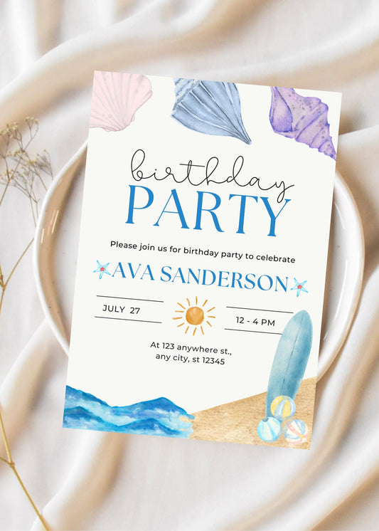 Beach Birthday Party Invitation: Sun & Sea Theme (Digital Download, 5x7 inches Canva Template)