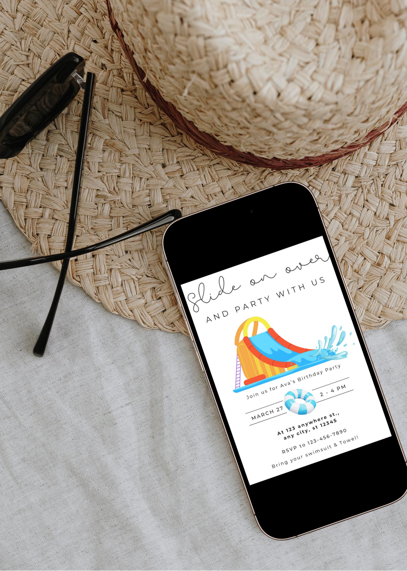 Waterslide Birthday Invitation: Summer Pool Party, Editable Canva Template (Digital Download)