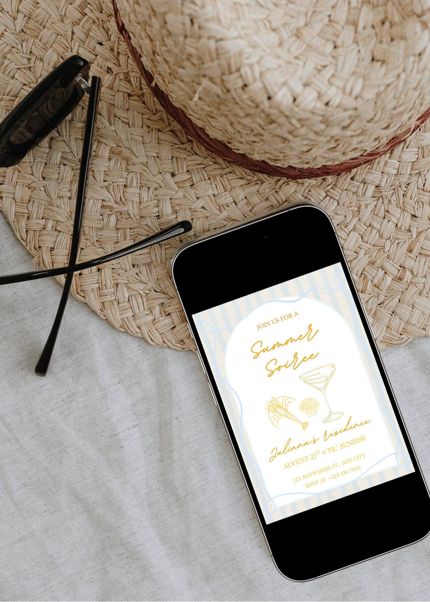 Summer Soirée Invitation: Hand-Drawn Drinks Party Evite (Editable Canva Template, Digital Download)