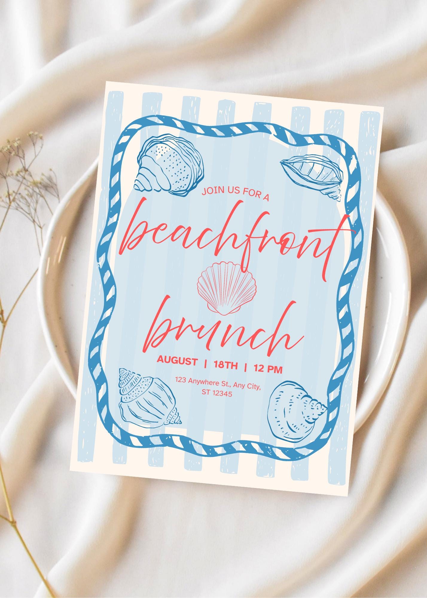 Beach Brunch Invitation: Summer Birthday Party, Sun & Sea (Digital Download, 5x7 inches Canva Template)