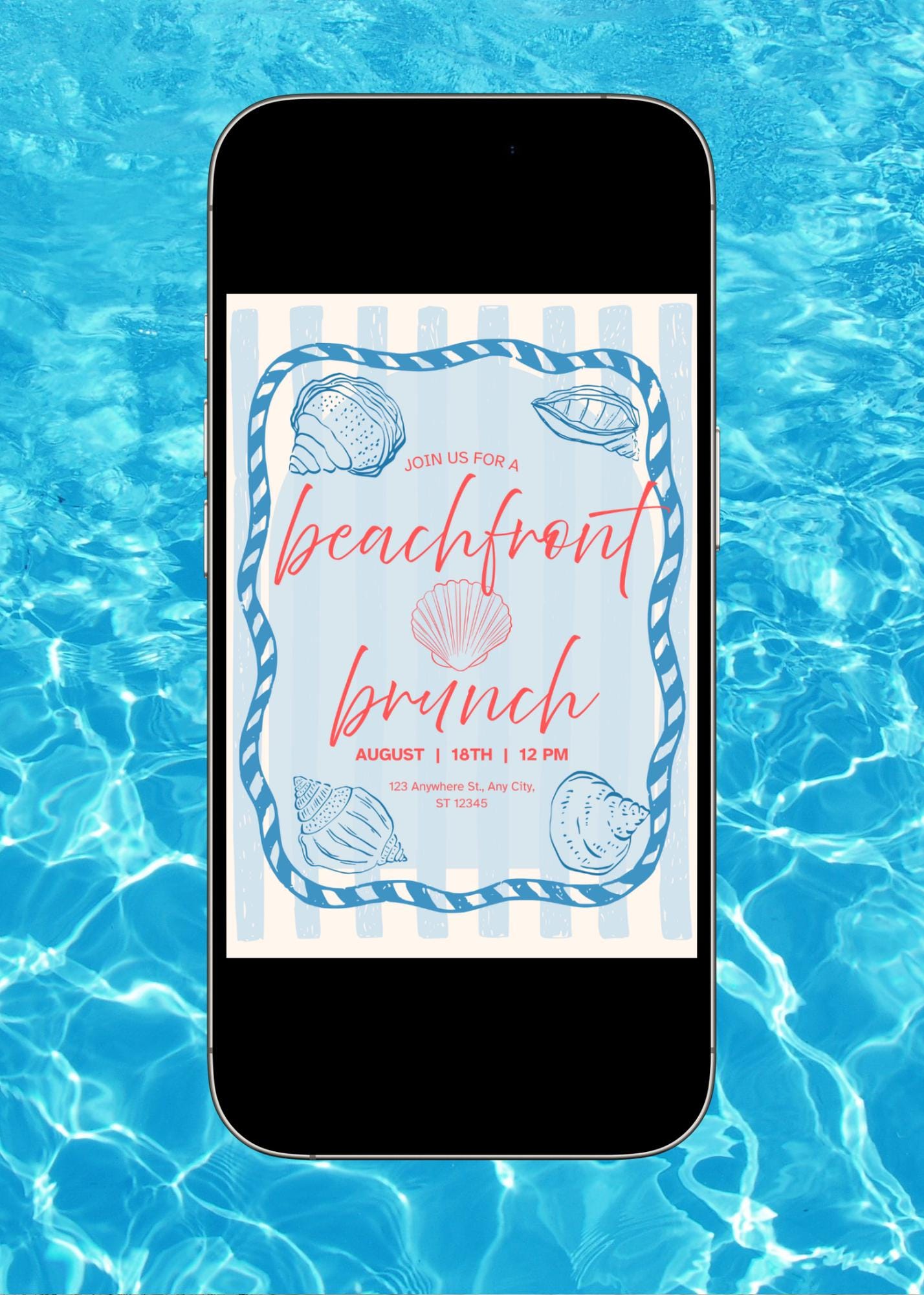 Beach Brunch Invitation: Summer Birthday Party, Sun & Sea (Digital Download, 5x7 inches Canva Template)