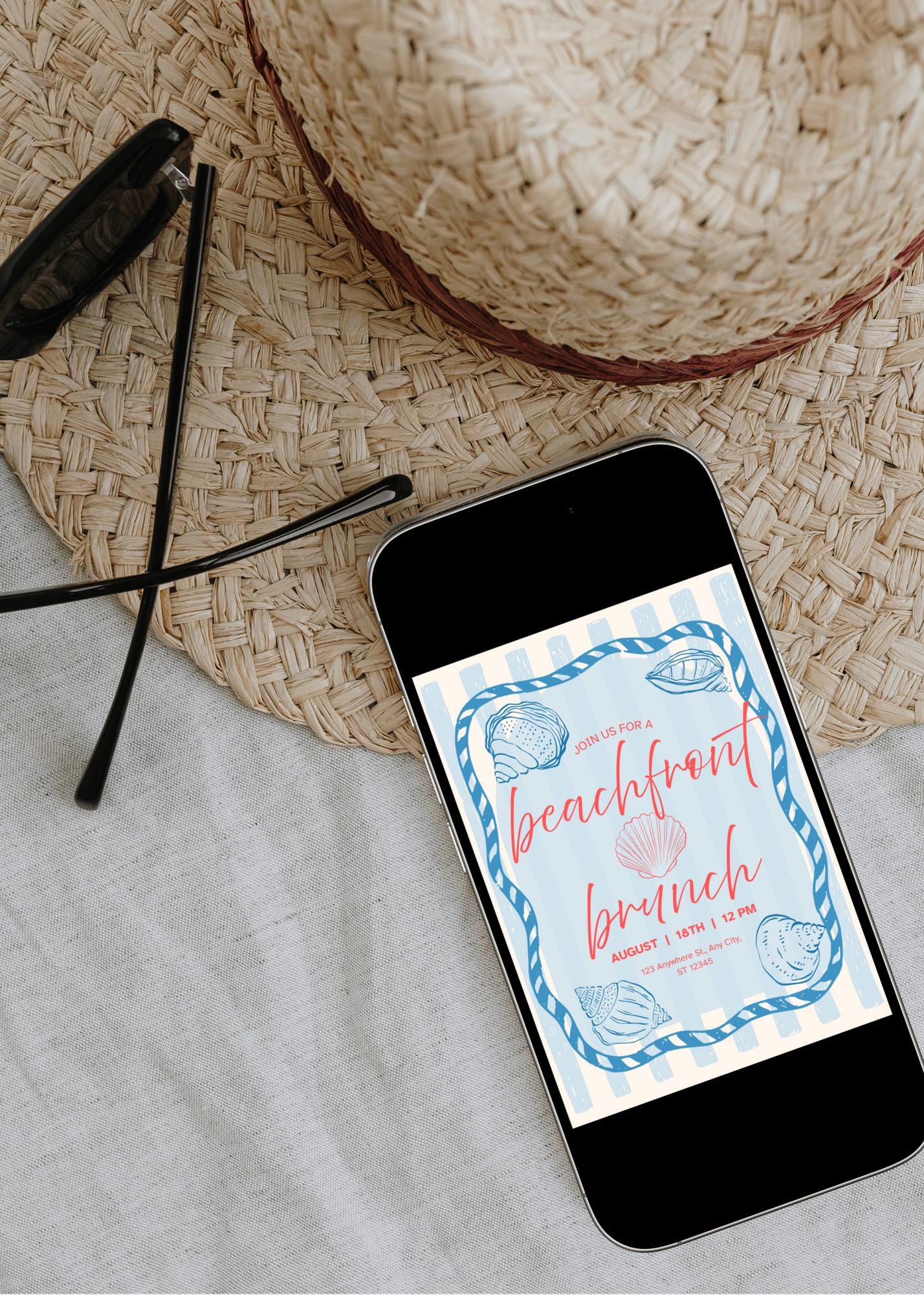 Beach Brunch Invitation: Summer Birthday Party, Sun & Sea (Digital Download, 5x7 inches Canva Template)