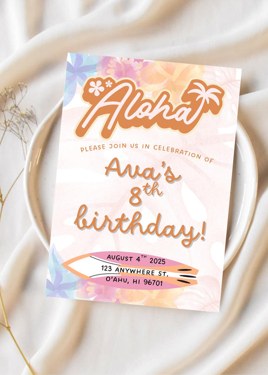 Luau Birthday Invitation Template: Tropical Surf Beach Party (Digital Download, 5x7 inches)