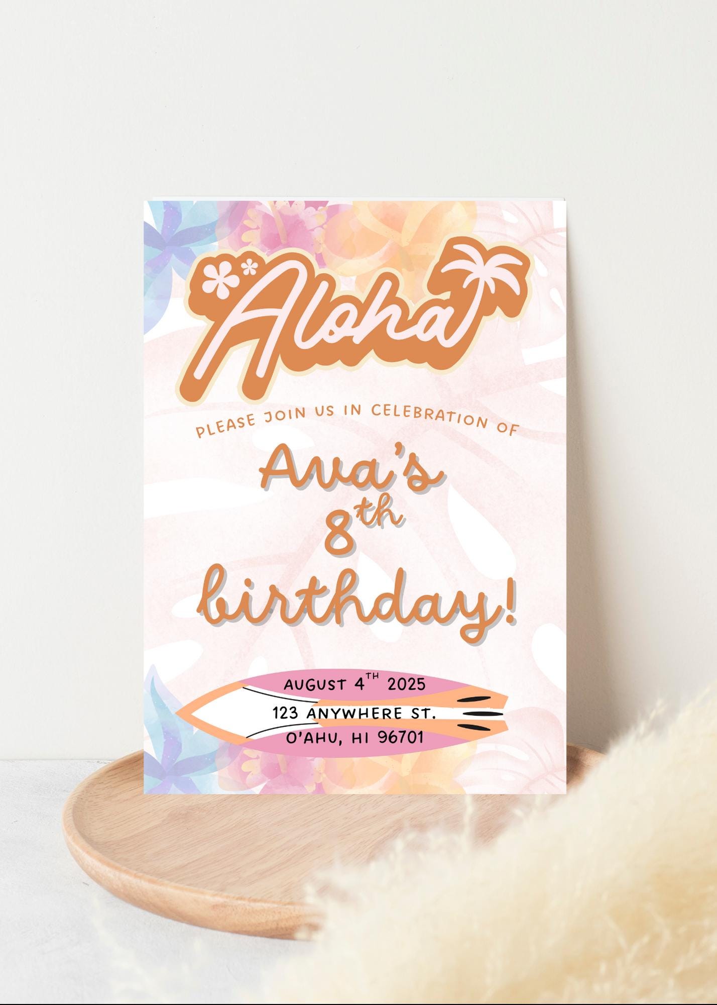 Luau Birthday Invitation Template: Tropical Surf Beach Party (Digital Download, 5x7 inches)