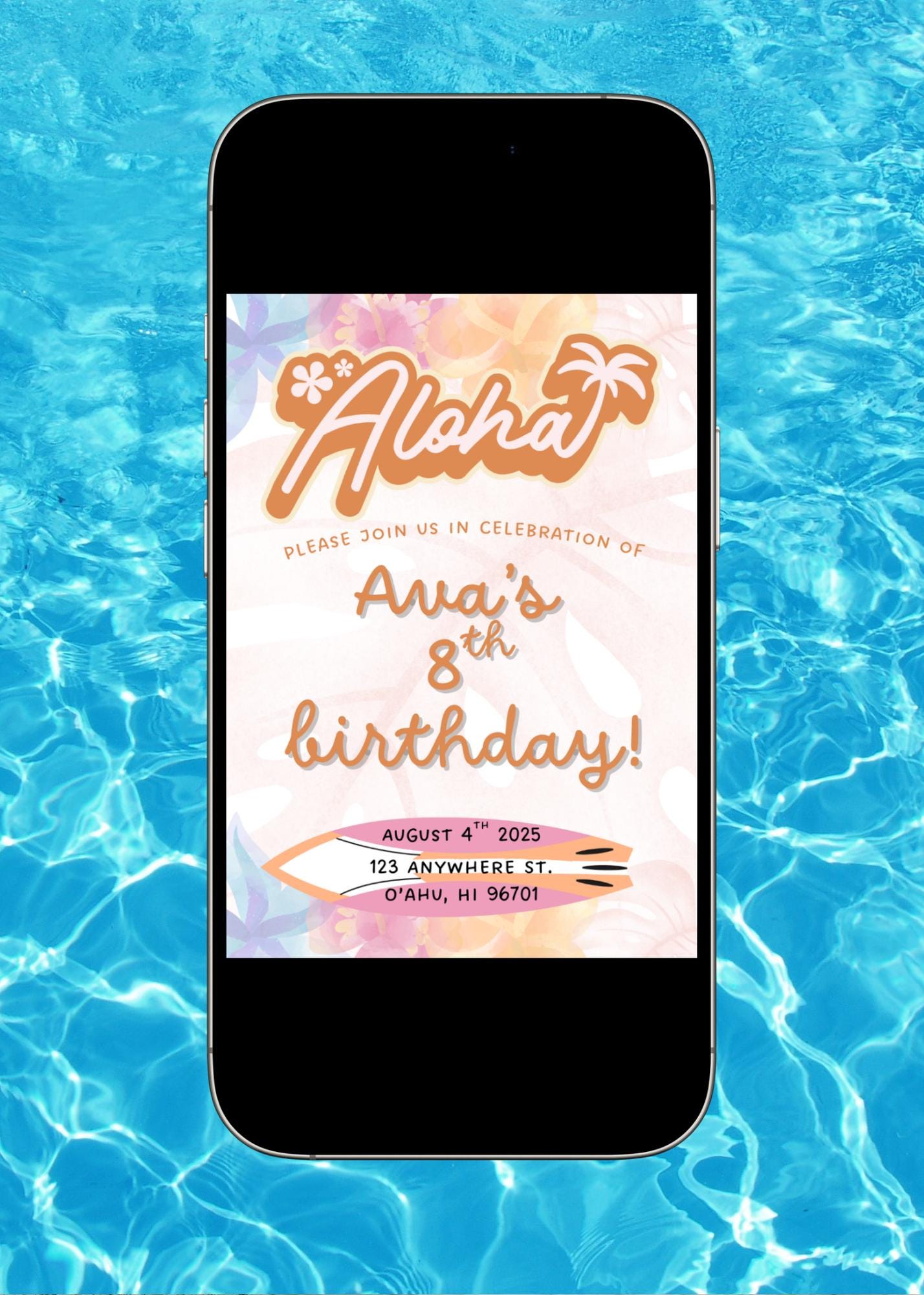 Luau Birthday Invitation Template: Tropical Surf Beach Party (Digital Download, 5x7 inches)
