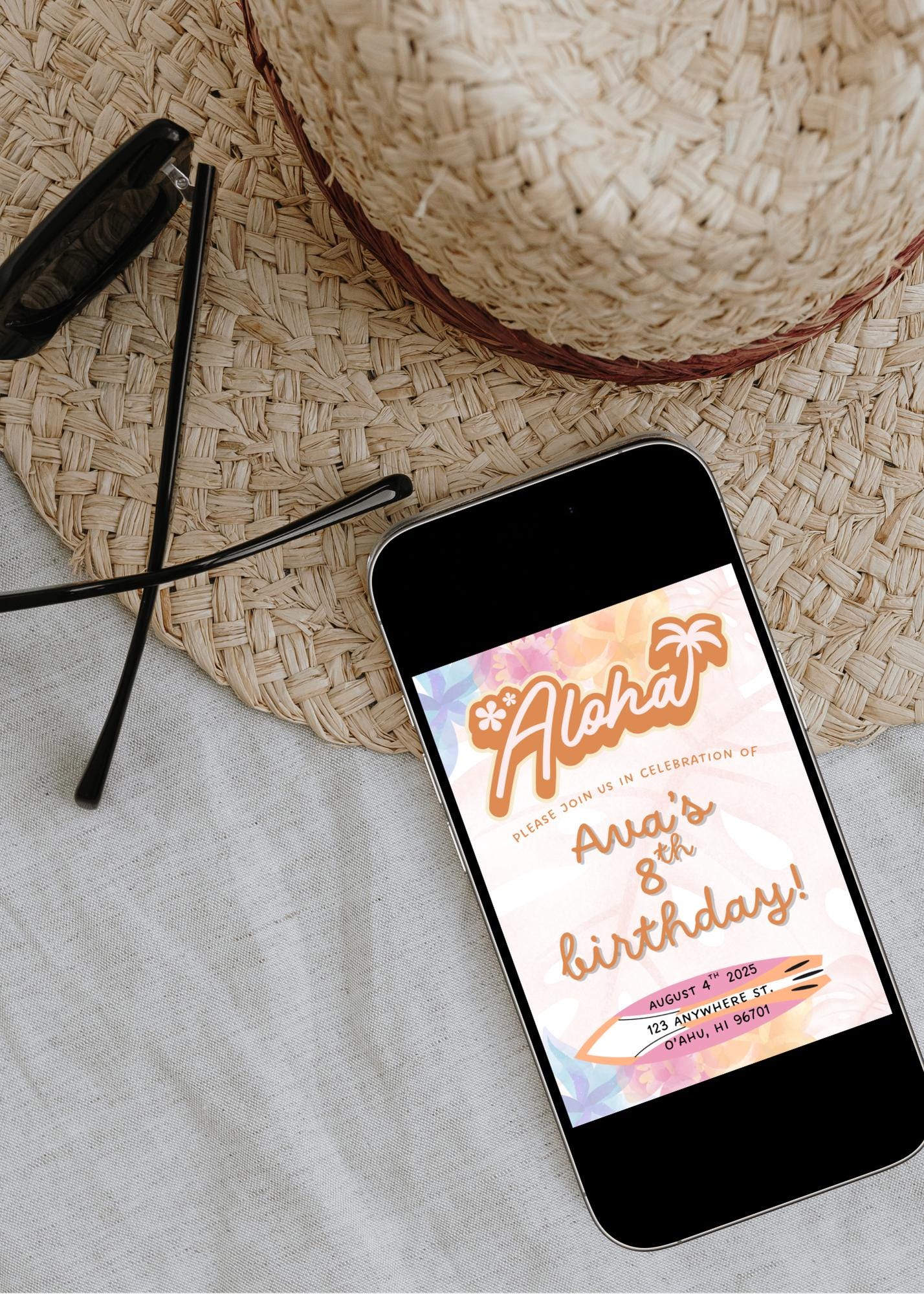 Luau Birthday Invitation Template: Tropical Surf Beach Party (Digital Download, 5x7 inches)