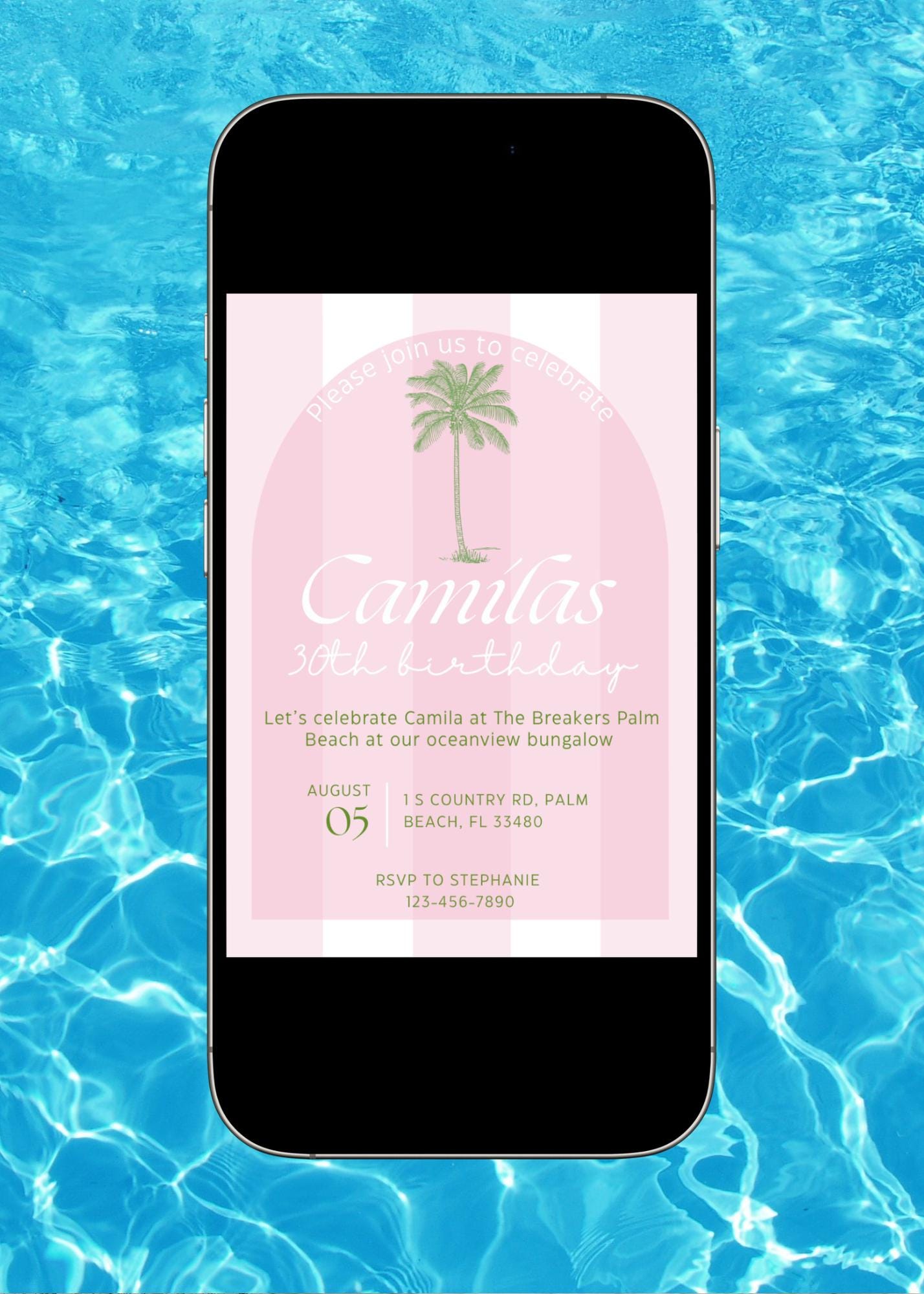 Beach Club Birthday Invitation: Editable Palm Theme Party (Digital Download)