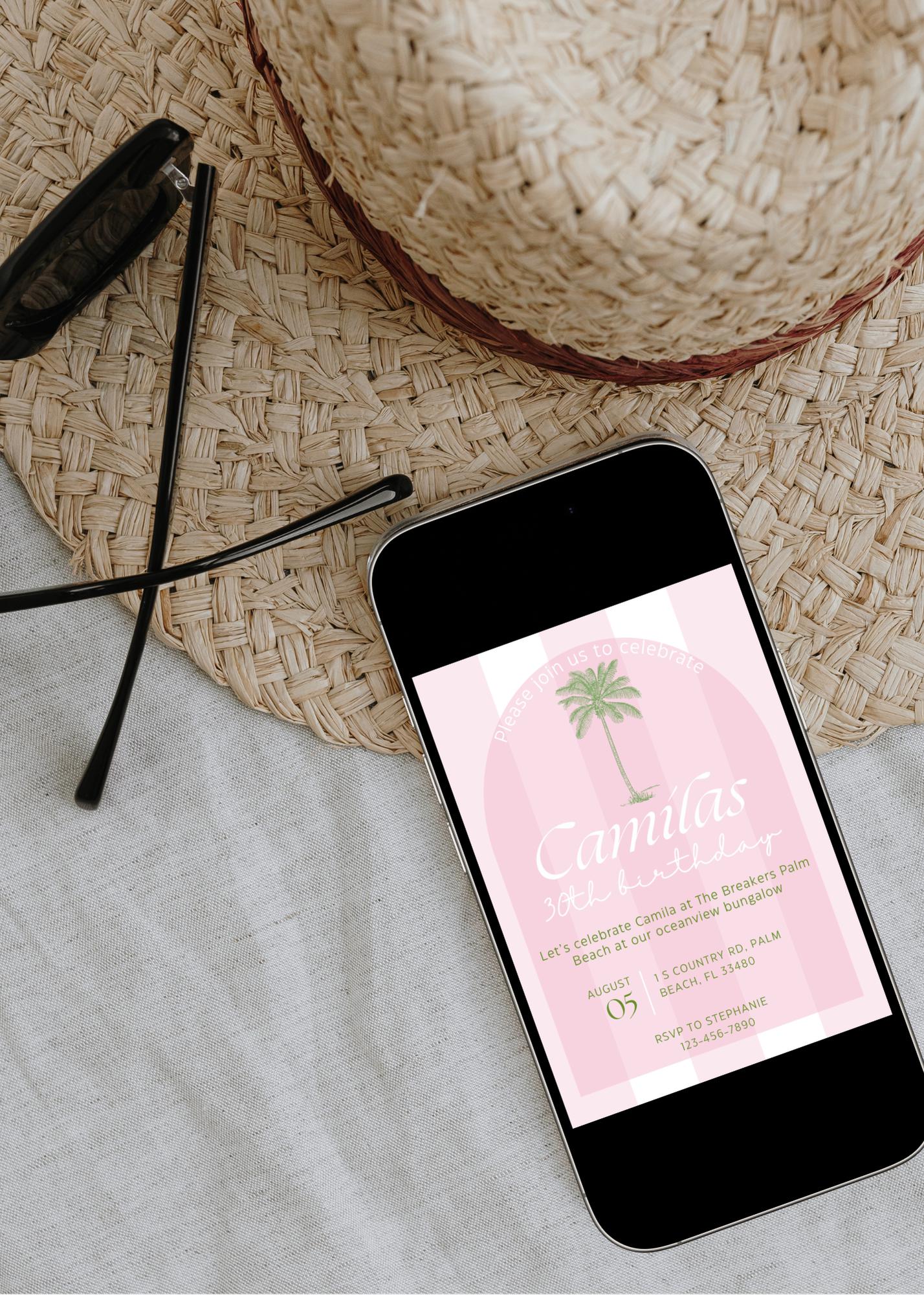 Beach Club Birthday Invitation: Editable Palm Theme Party (Digital Download)
