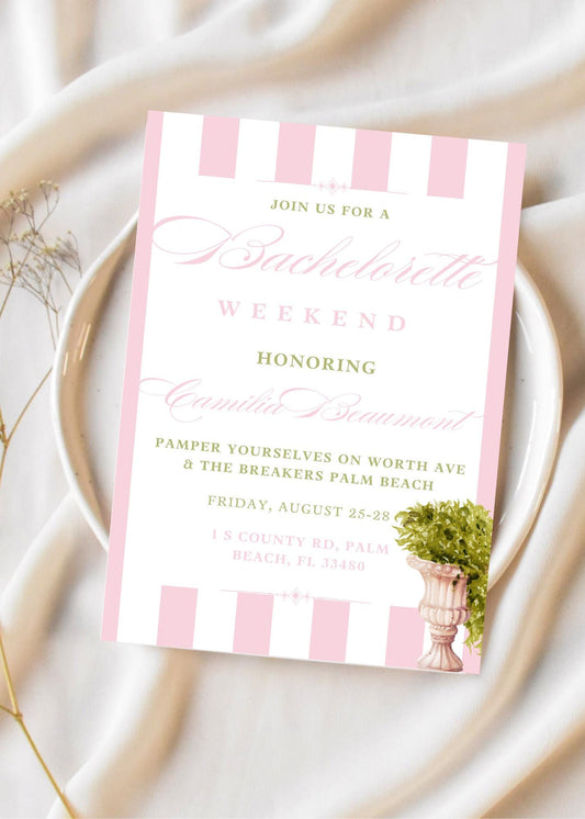Tropical Pink and White Palm Beach Inspired Bachelorette Invitation, Pink and White Stripes, Coastal Bridal invite, Instant Download