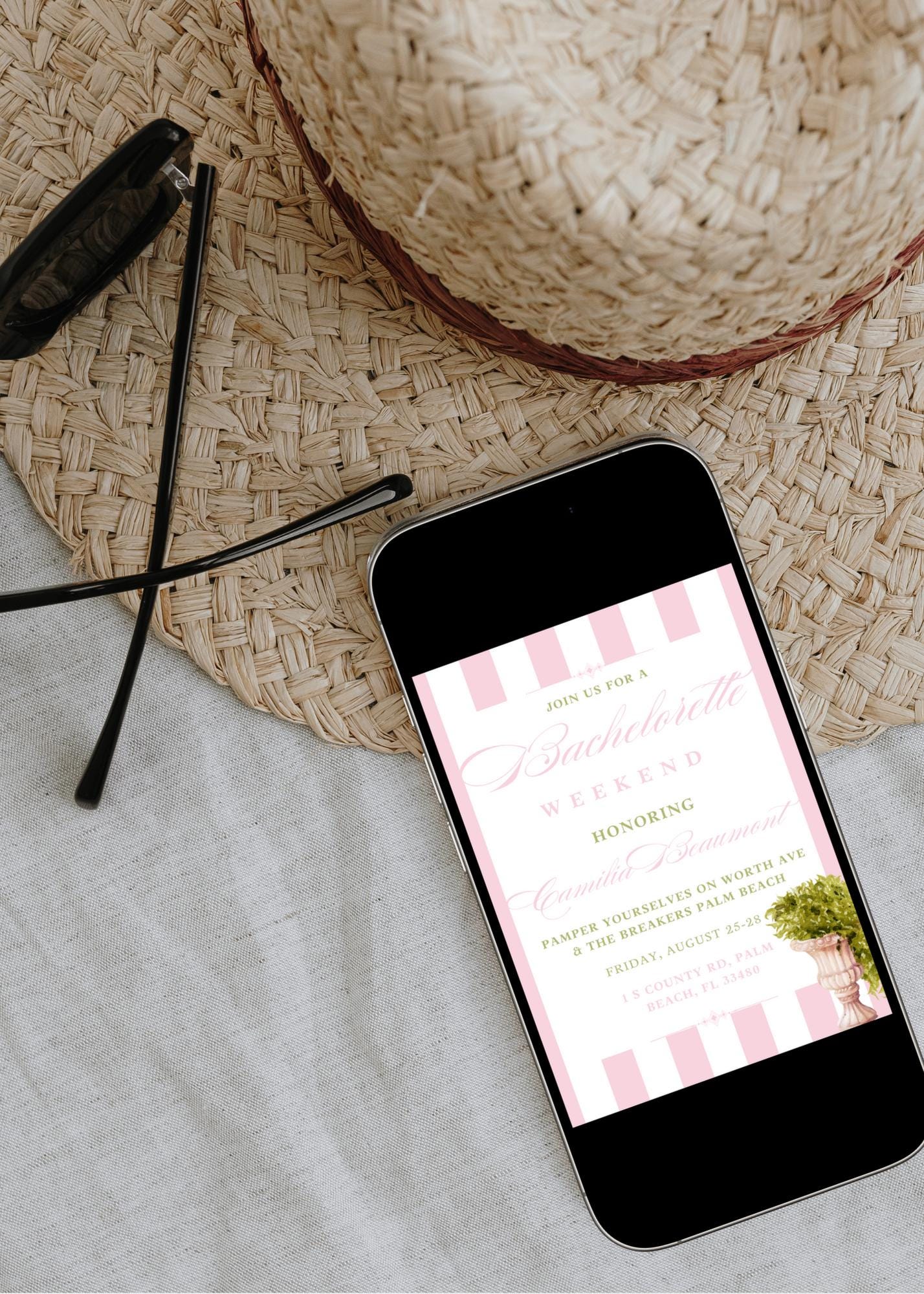 Tropical Pink and White Palm Beach Inspired Bachelorette Invitation, Pink and White Stripes, Coastal Bridal invite, Instant Download