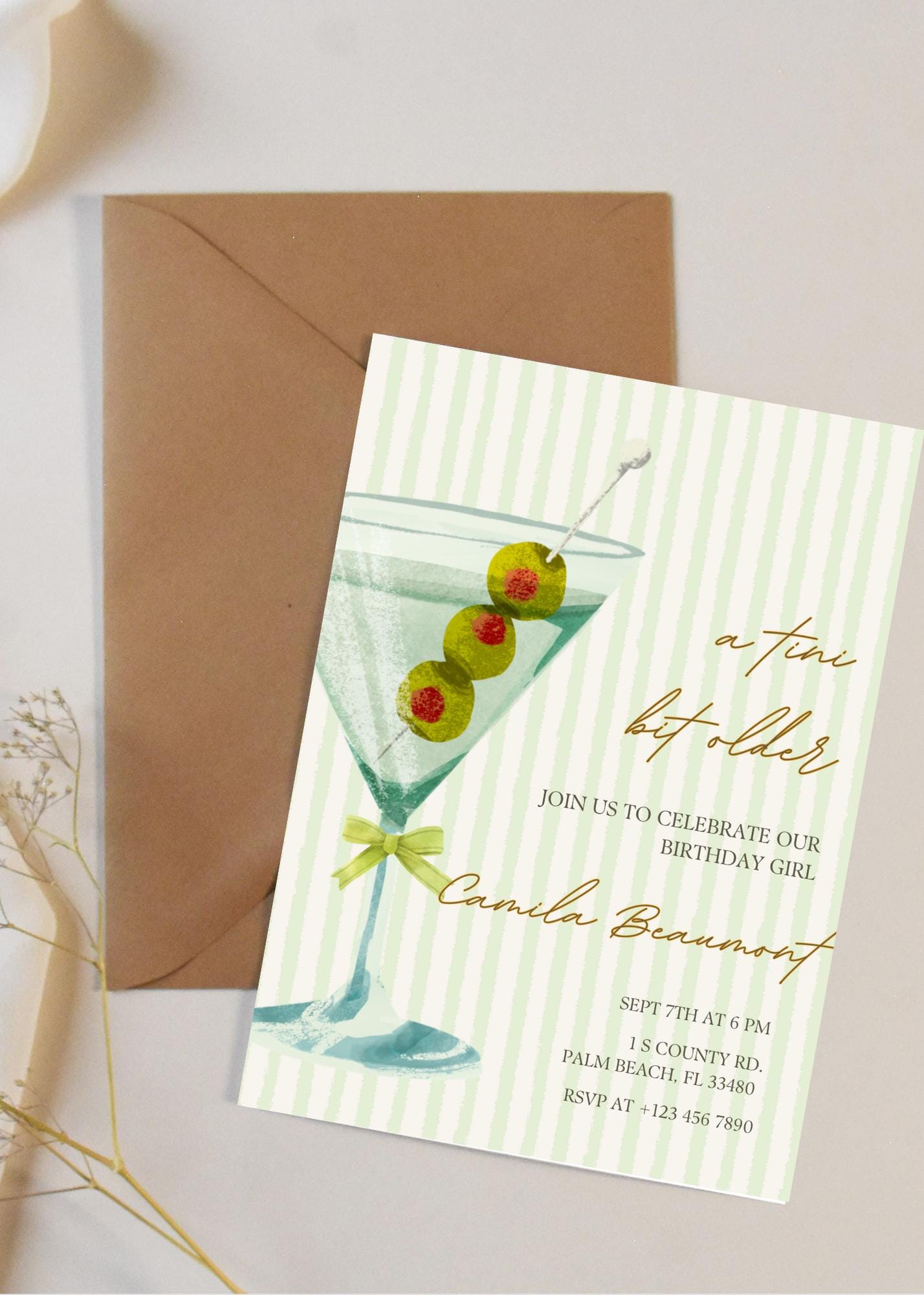 Martini Birthday Party Invitation: Green Cocktail, Editable Canva Template (Digital Download 5x7 inches)