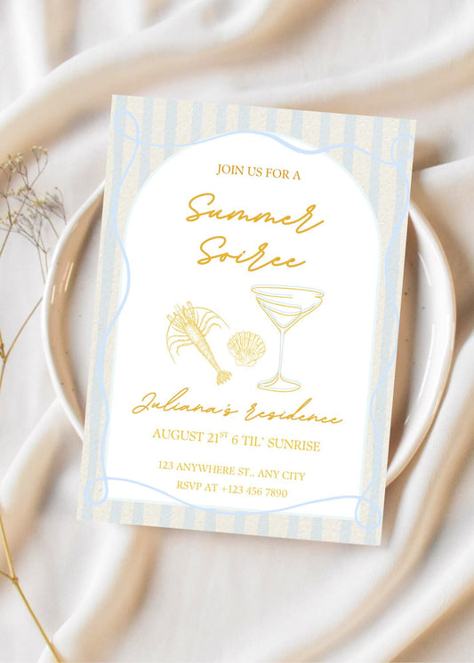 Summer Soirée Invitation: Hand-Drawn Drinks Party Evite (Editable Canva Template, Digital Download)