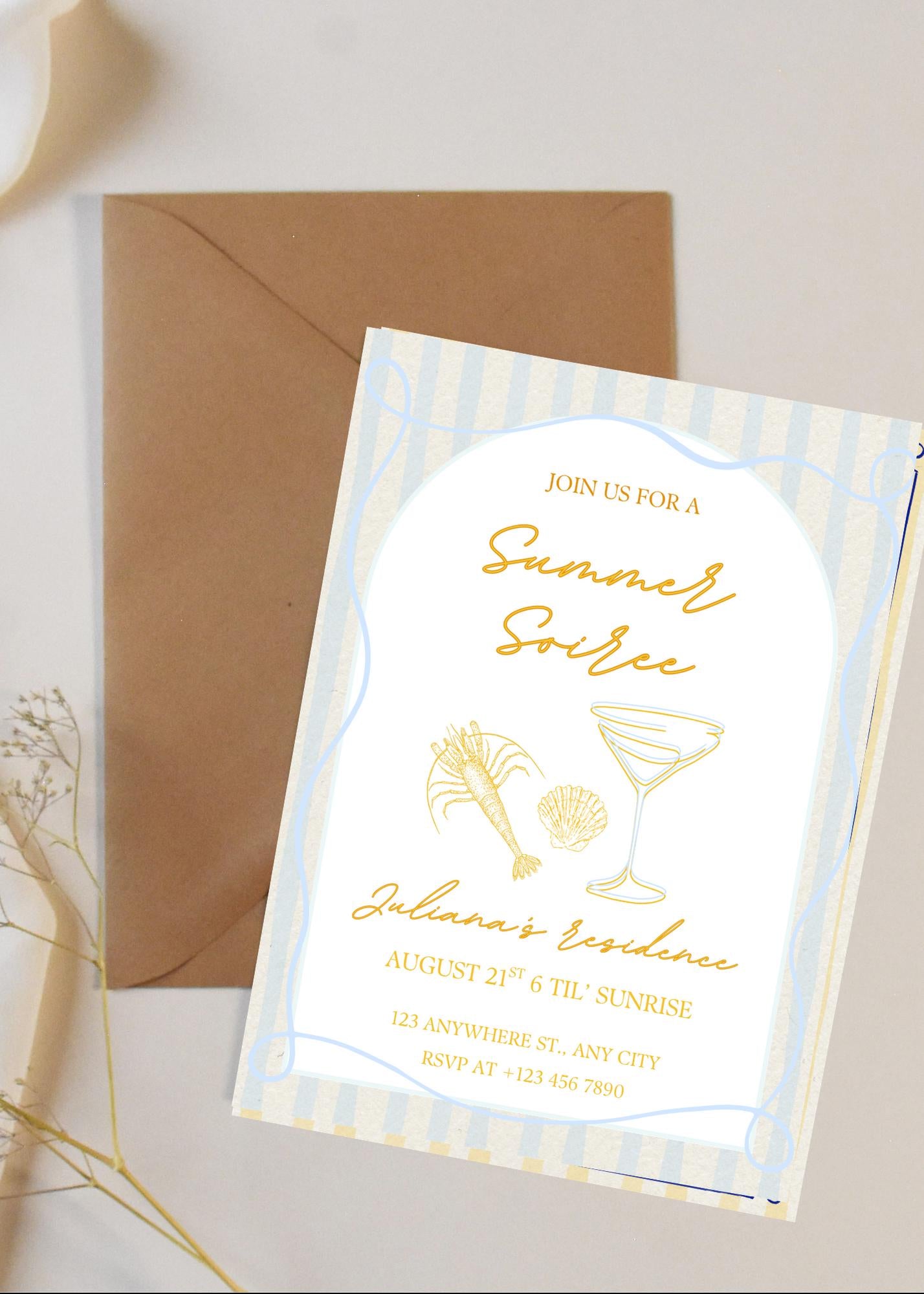 Summer Soirée Invitation: Hand-Drawn Drinks Party Evite (Editable Canva Template, Digital Download)