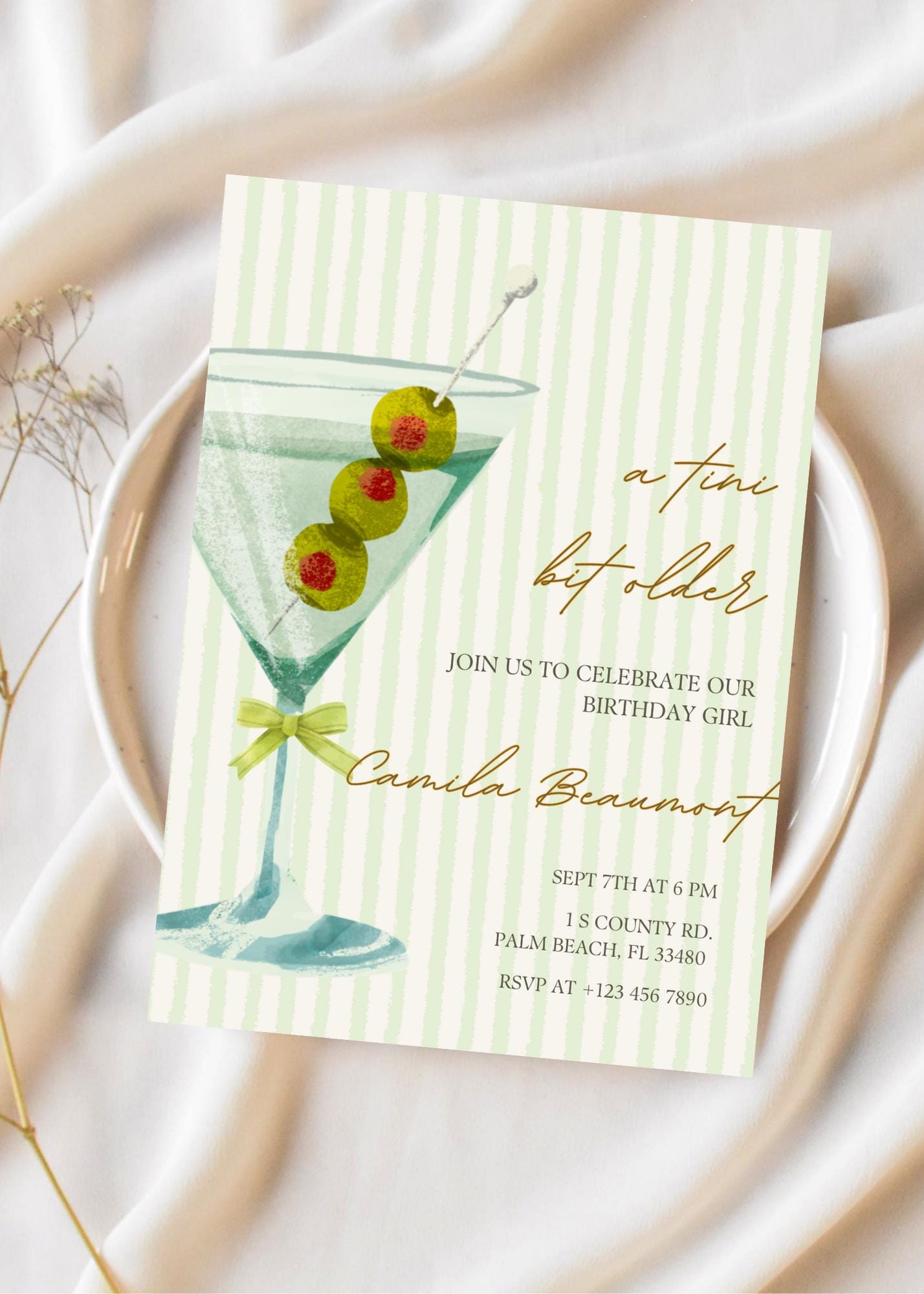 Martini Birthday Party Invitation: Green Cocktail, Editable Canva Template (Digital Download 5x7 inches)