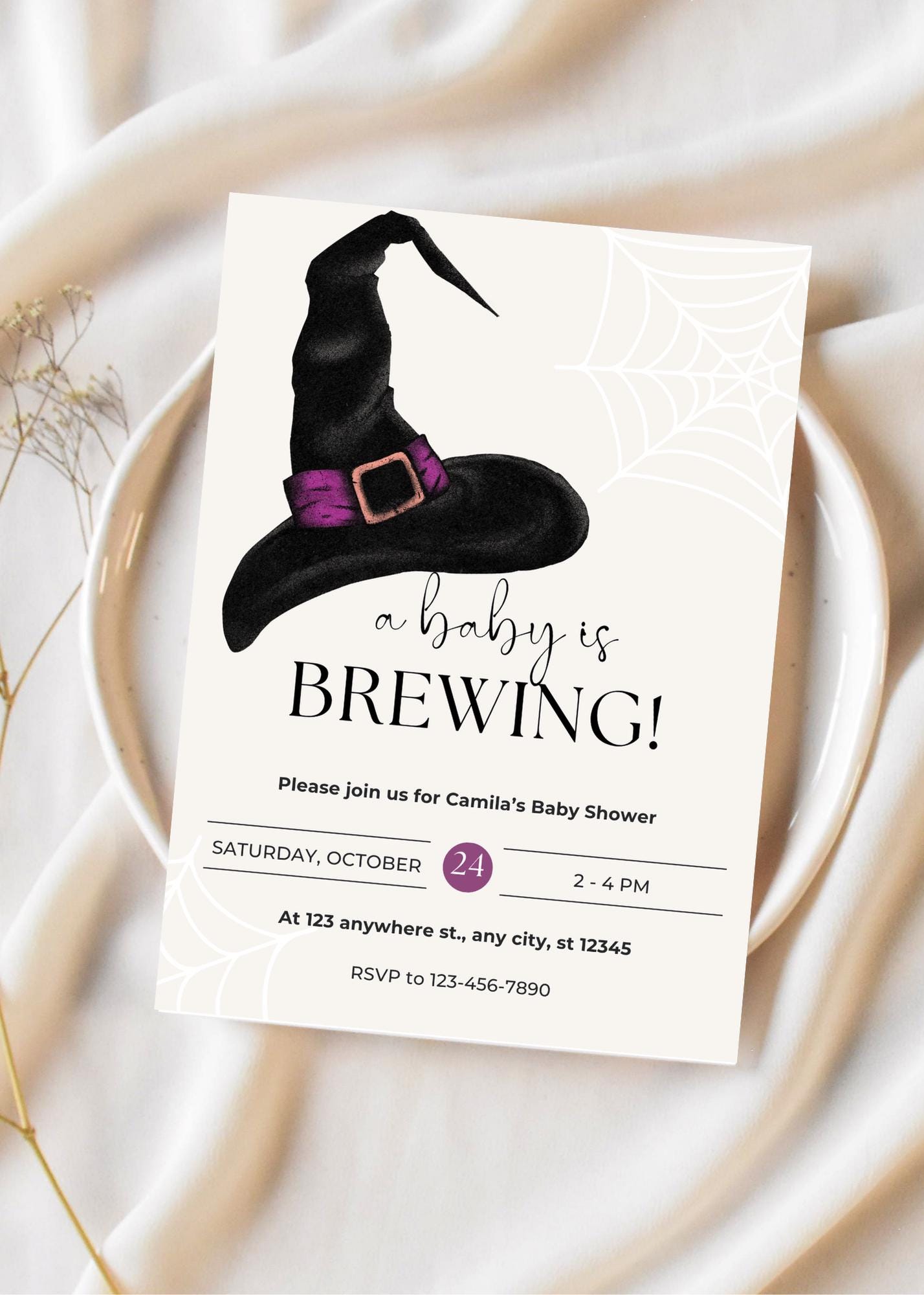 Halloween Witch Baby Shower Invitation, A Baby is Brewing Announcement (Digital Download)