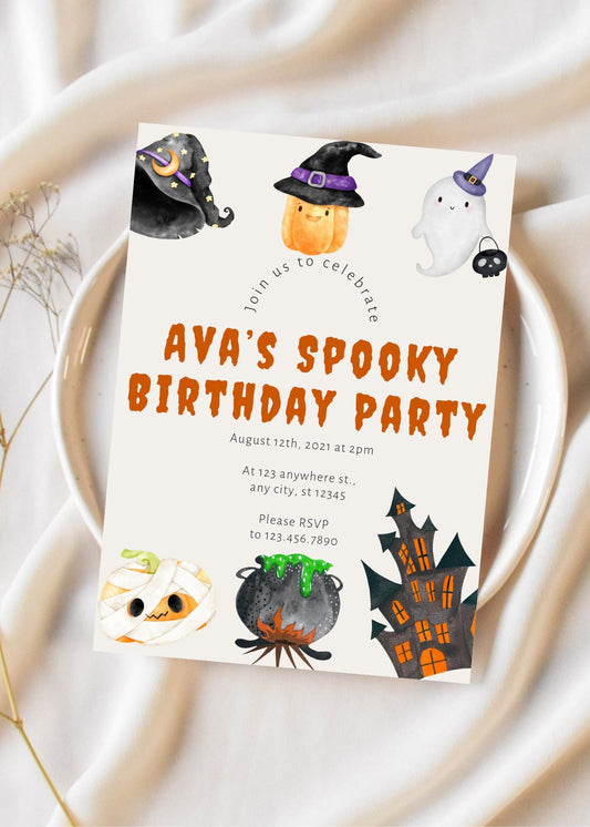 Spooky Halloween Birthday Invitation, Kids Costume Party (Editable Digital File)