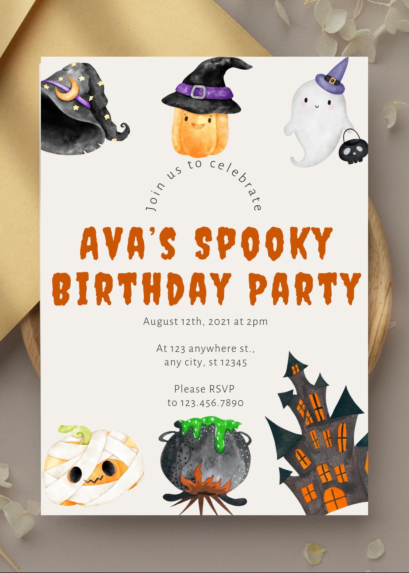 Spooky Halloween Birthday Invitation, Kids Costume Party (Editable Digital File)