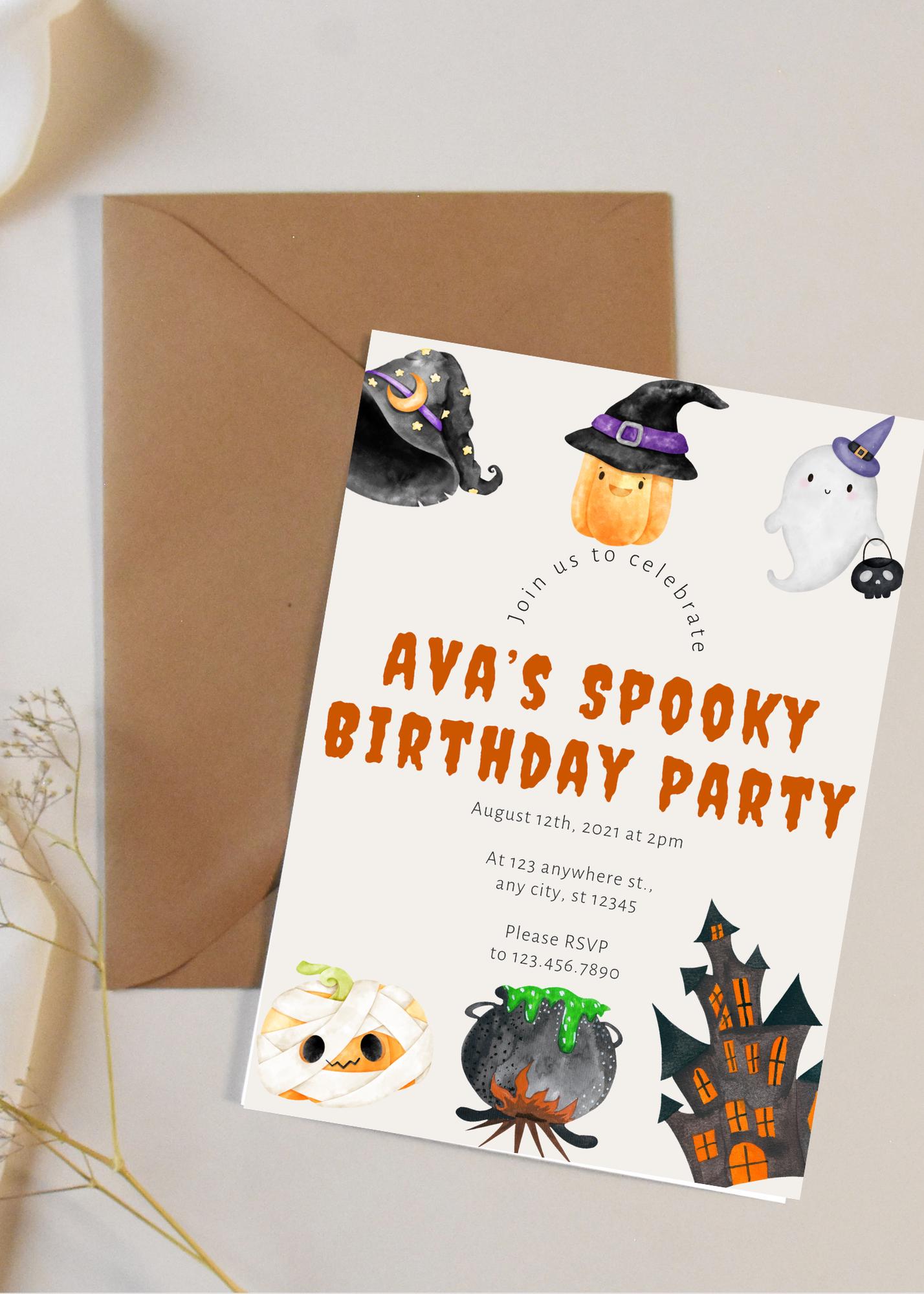 Spooky Halloween Birthday Invitation, Kids Costume Party (Editable Digital File)