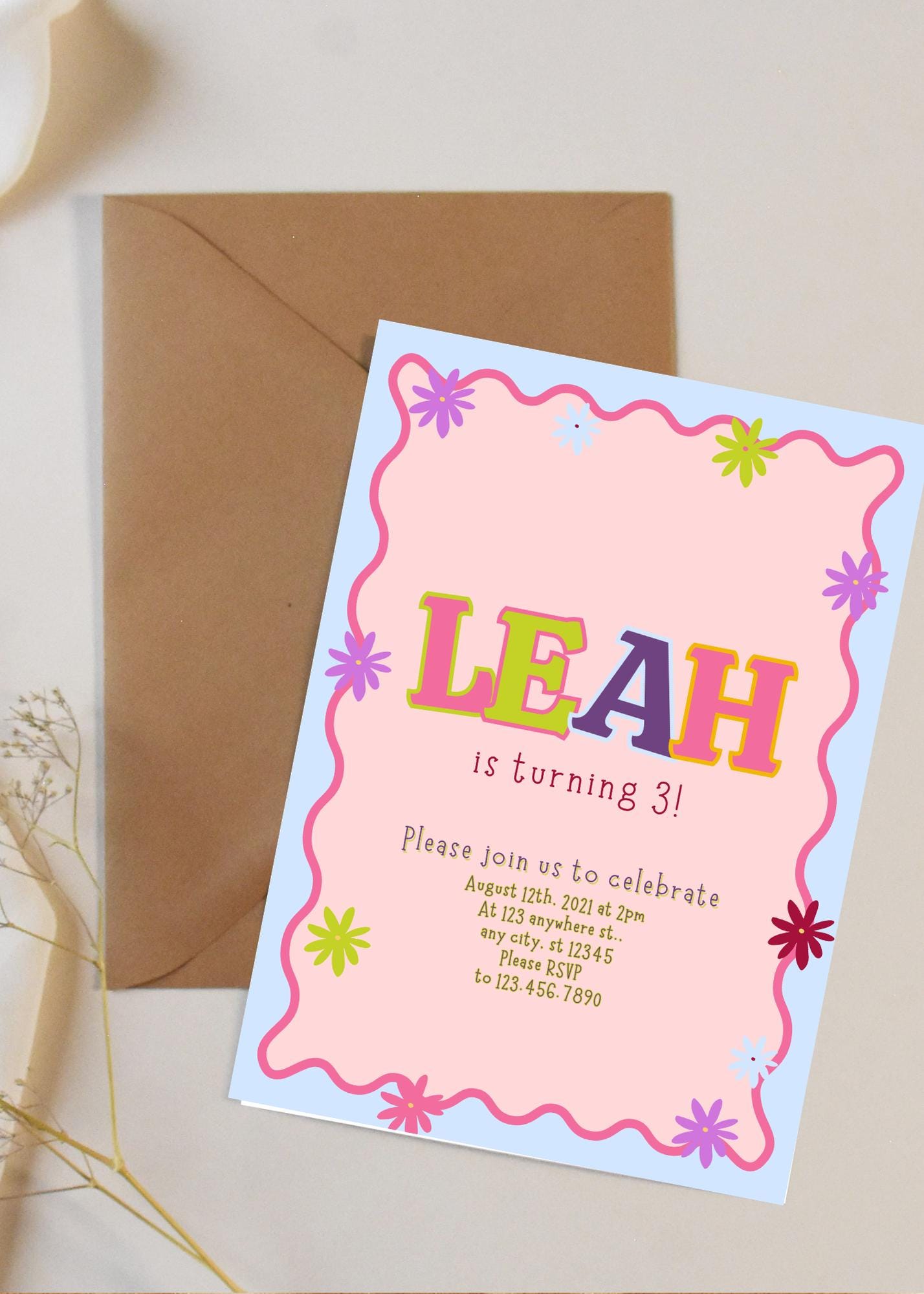 Floral Birthday Invitation, Hand Drawn Flowers, Kids Party Invite (Editable Canva Template)