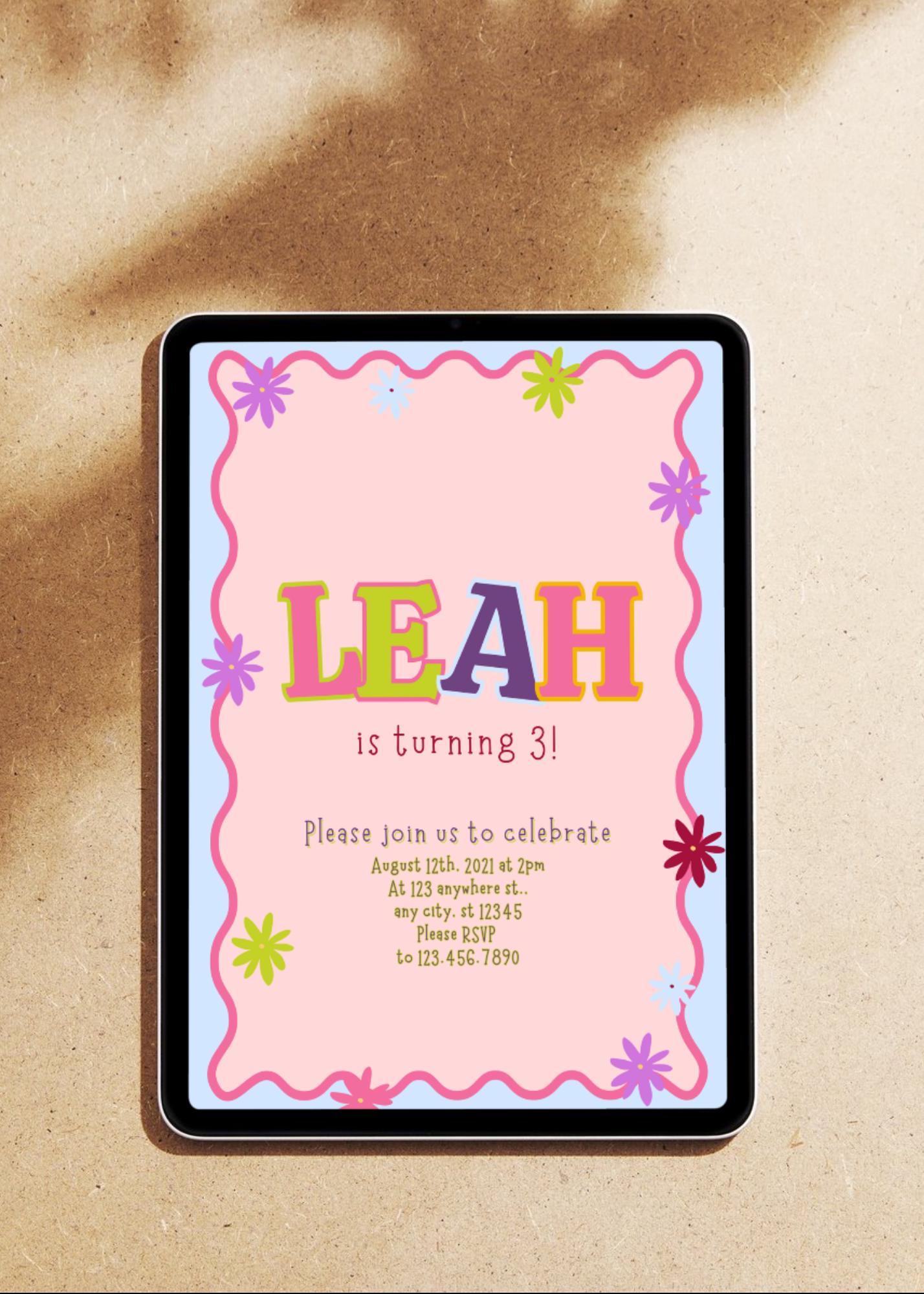 Floral Birthday Invitation, Hand Drawn Flowers, Kids Party Invite (Editable Canva Template)