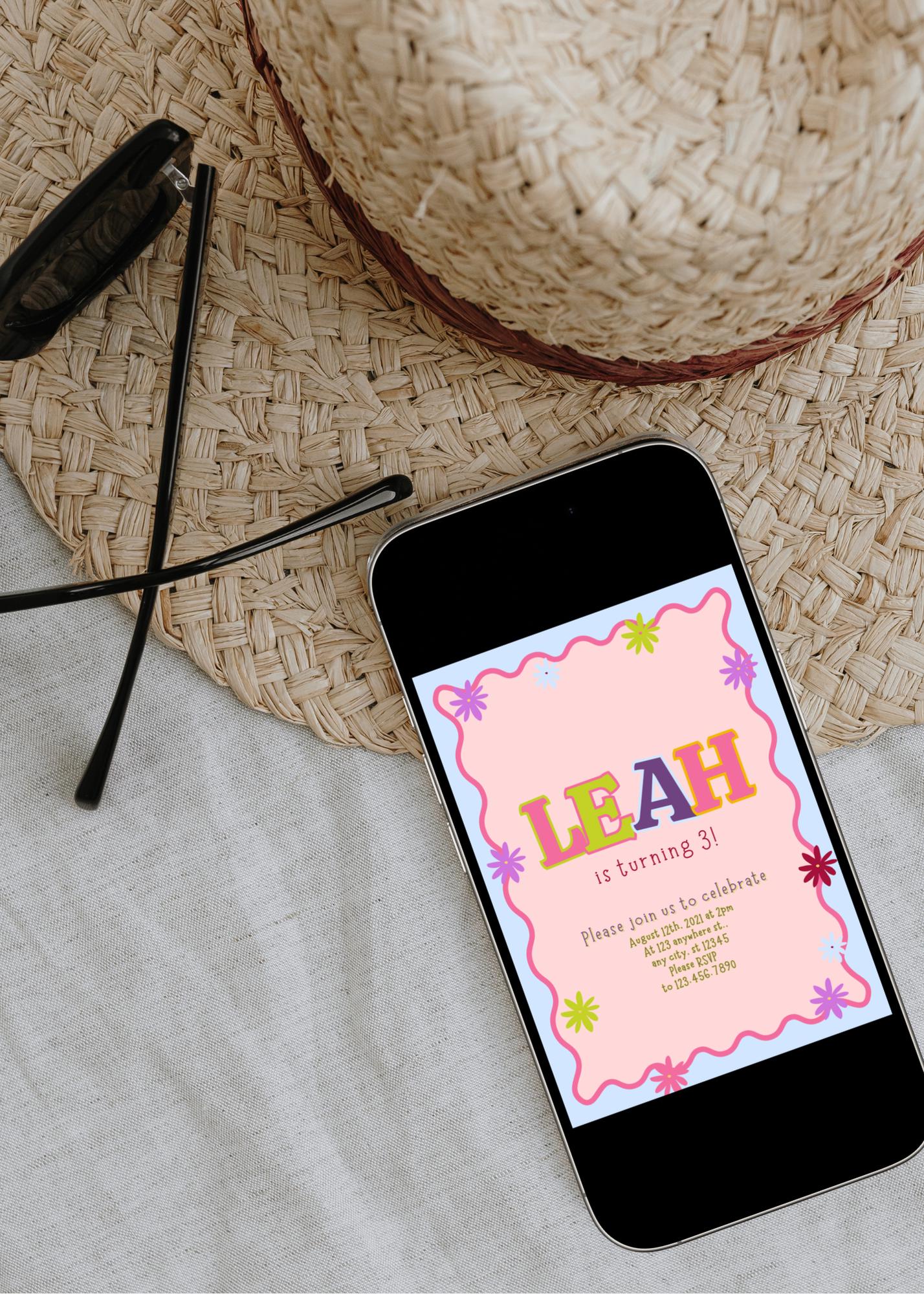 Floral Birthday Invitation, Hand Drawn Flowers, Kids Party Invite (Editable Canva Template)