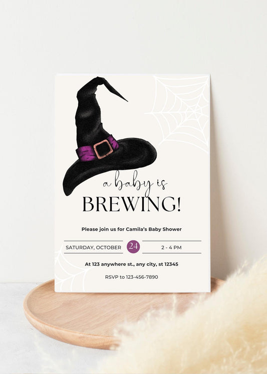 Halloween Witch Baby Shower Invitation, A Baby is Brewing Announcement (Digital Download)