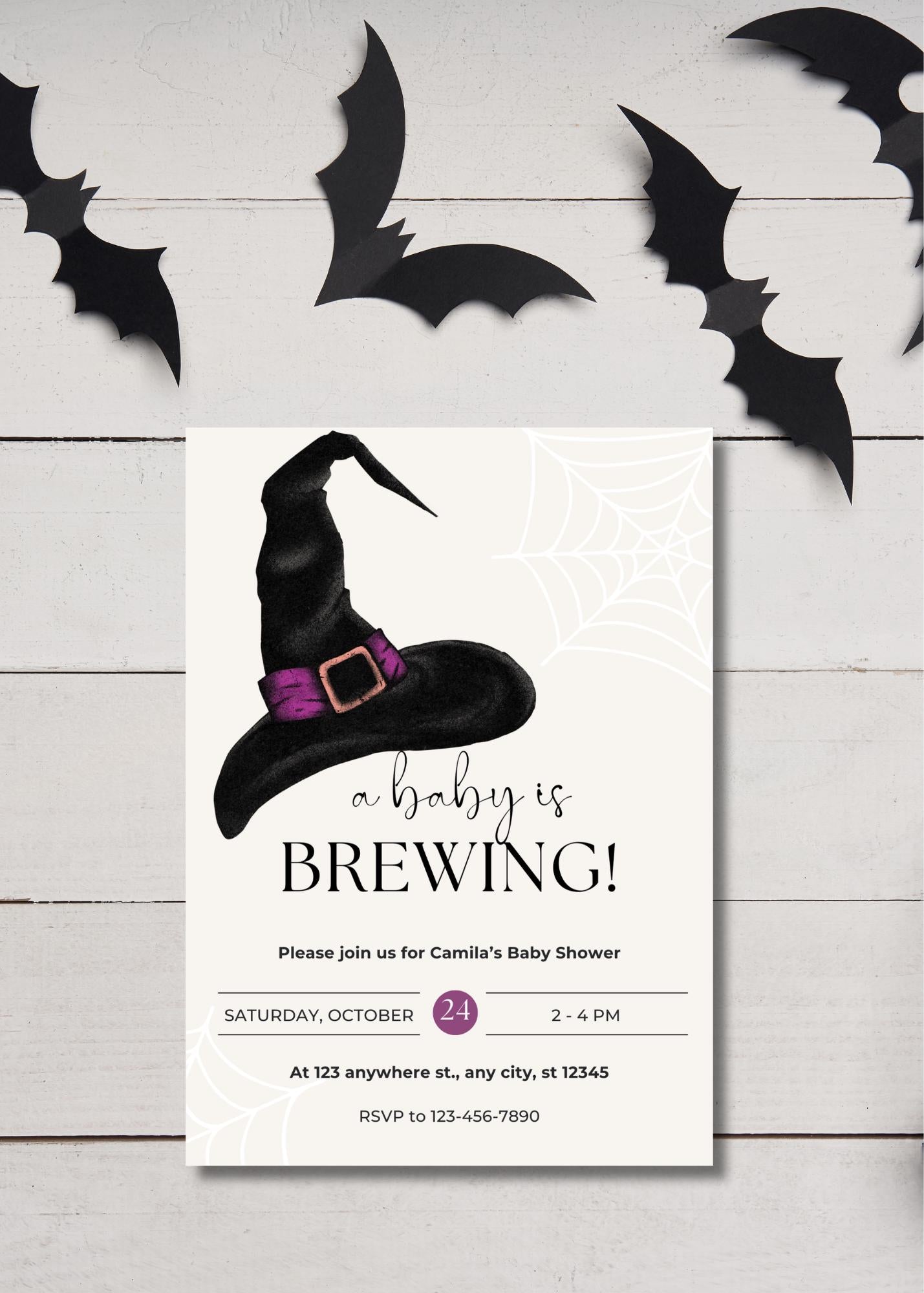 Halloween Witch Baby Shower Invitation, A Baby is Brewing Announcement (Digital Download)